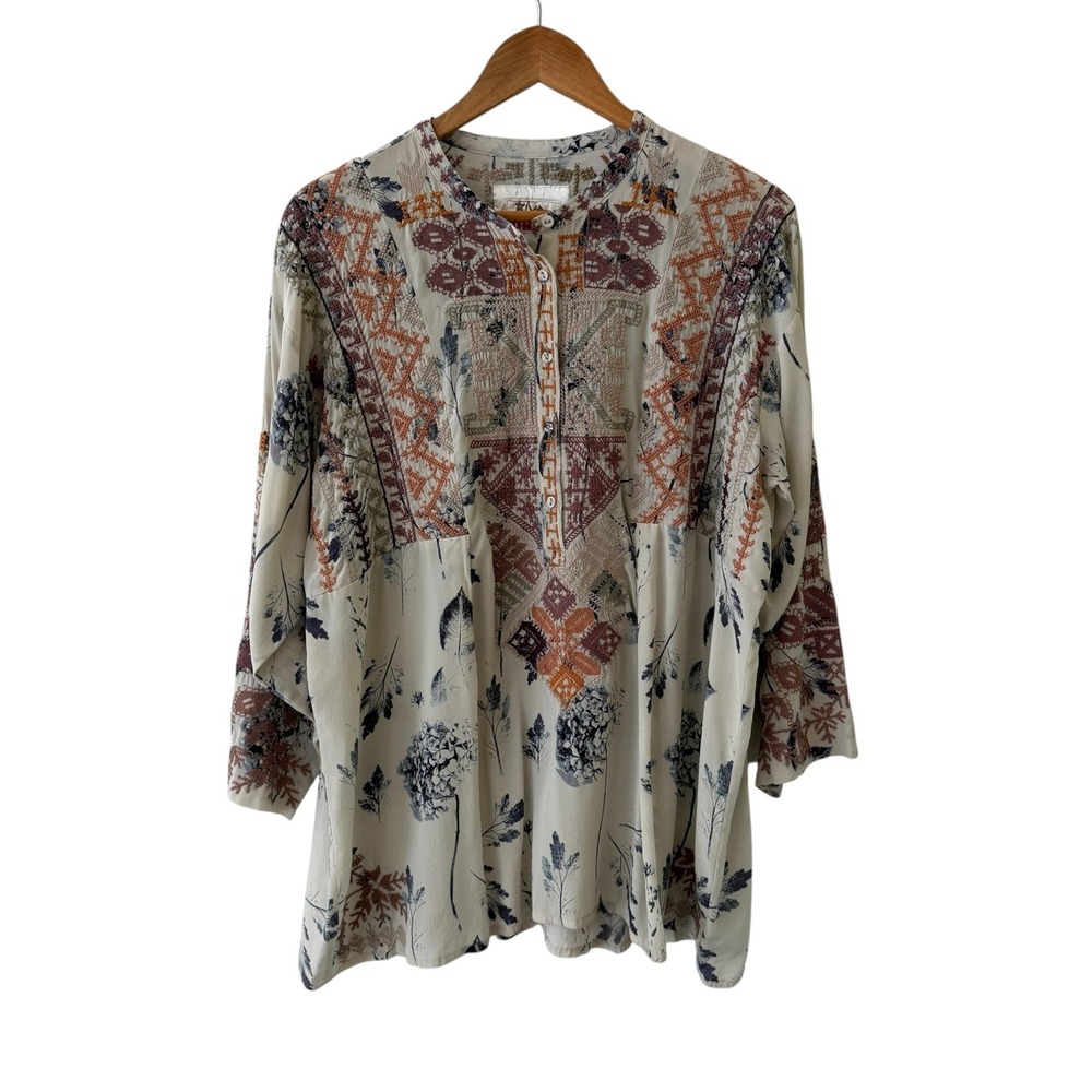 Johnny Was Biya Hayes Embroidered Tunic Top XL Multicolor Floral Silk Boho